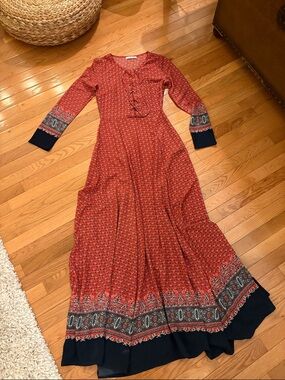 Glamorous Red Patterned Long Sleeve Maxi Dress with Navy Trim